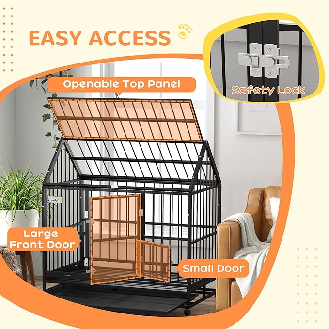 PawHut 48" Heavy Duty Dog Crate, Strong Steel Large Dog Crate with 4 Lockable Wheels, Double Doors, Openable Top and Removable Tray, for Extra Large and Large Breeds, Black