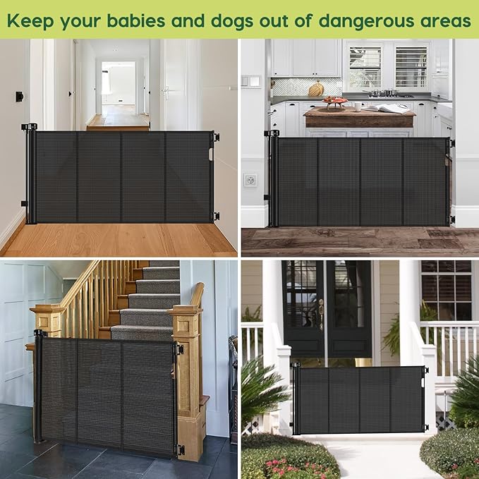 Reinforced 55" Wide Retractable Baby Gates with Reinforced Strips, Indoor/Outdoor Retractable Dog Gate for Doorway Prevent Bottom Drilling Through, No Bottom Bar Safety Mesh Baby Gate for Stair, Black