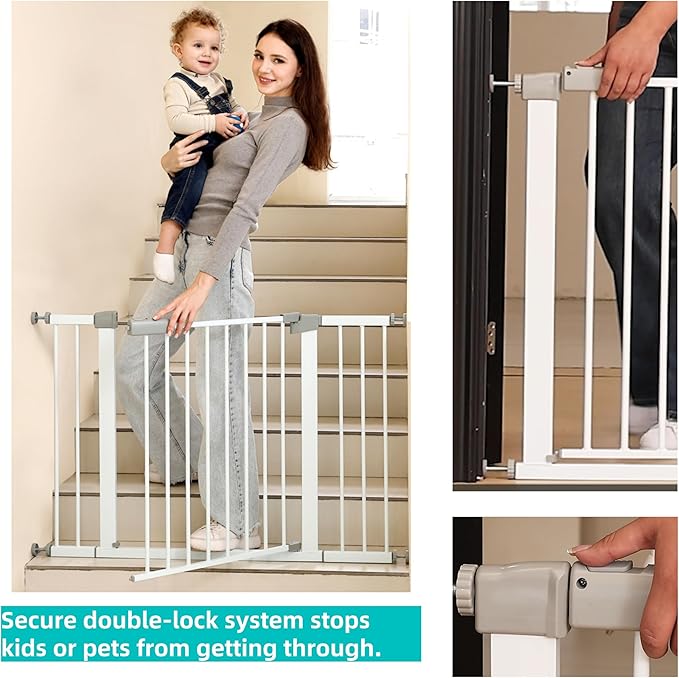 53.46"-55.63" Baby and Pet Safety Gate, 30" Tall Metal Walk-Thru Gate for Doorways & Stairs, Easy One-Hand Open, Dual Lock, Extensions & Wall Mounts Included (Brown, 29"-54" W x 30.5“H)