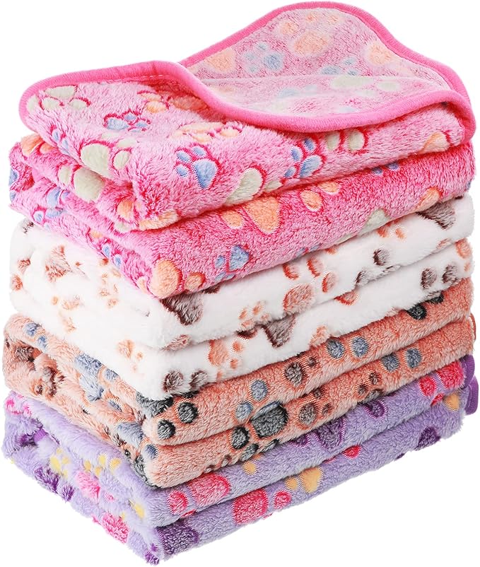 Tatuo 4 Pcs Dog Blanket for Pet Cat Blankets Indoor Puppy Teething Stuff Toys Paw Print Fleece Blanket Warm Sleep Mat for Guinea Pig Cage(White, Coffee, Pink, Purple,X-Large(41 x 30 Inch),Square)
