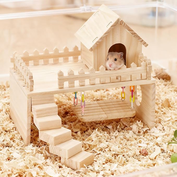 Wooden Hamster Hiding Place, Hamster Cabin with Ladder, Swing Platform Decoration, Detachable Small Animal cage Accessories, Suitable for mice, Sand Rats and Other Small Pets