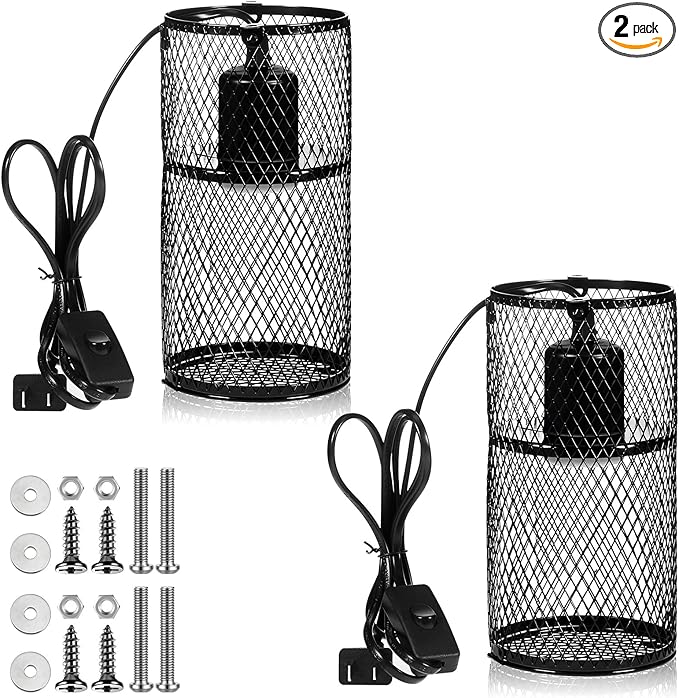 VIHOSE 2 Pcs Reptile Heat Lamp Guard with 150W Ceramic Heat Emitter Basking Anti Scald Heating Lamp Holder Mesh Cage Reptile Protection Lampshades for Lizard Snake Chick, Bulb Not Included (Black)