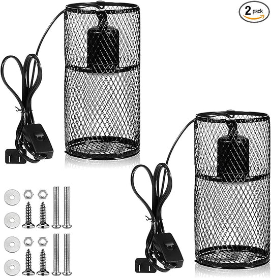 VIHOSE 2 Pcs Reptile Heat Lamp Guard with 150W Ceramic Heat Emitter Basking Anti Scald Heating Lamp Holder Mesh Cage Reptile Protection Lampshades for Lizard Snake Chick, Bulb Not Included (Black)