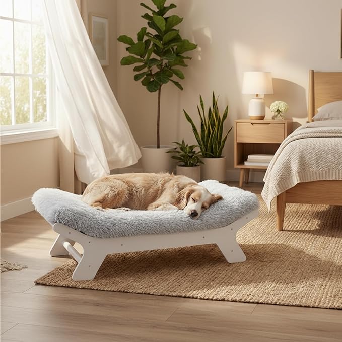 Muihood Wood Elevated Dog Bed Frame and Egg Crate Foam Mattress, Luxurious Suitable for Pets Up to 95 lbs, White, XL