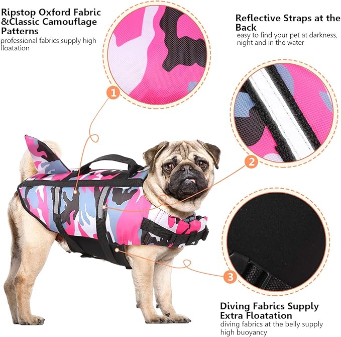 Queenmore Dog Life Jacket Pet Safety Vest High Buoyancy Camouflage Color Cute Shark with Strong Rescue Handle and Leash Ring for Boating, Canoeing, Surfing, Hunting