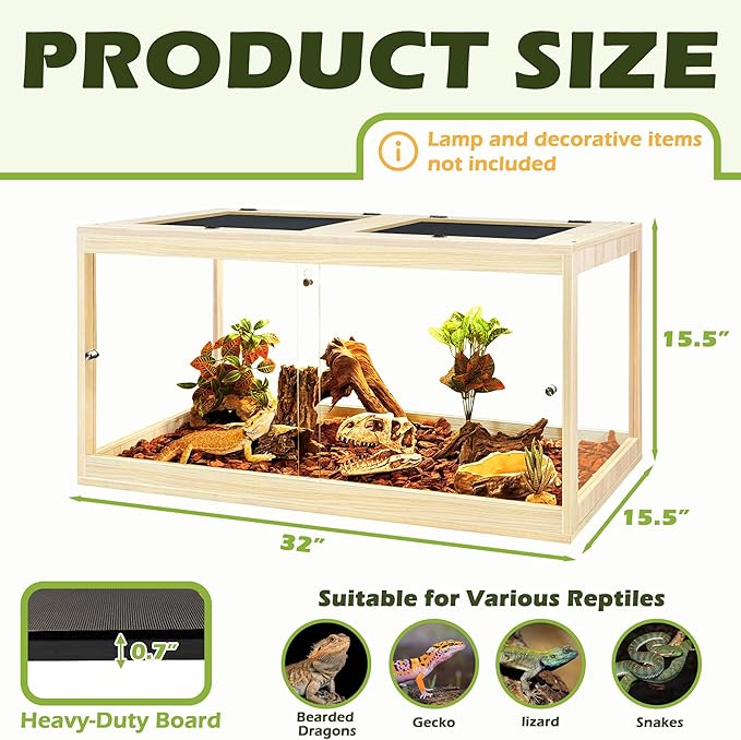 PROLEE Reptile Tank, 35 Gallon Beard Dragon Tank, Tempered Glass Reptile Encloure and Snake Tank with Locking Design for Lizard,Gecko,Chameleon (32"X15.5"X15.5",Oak)
