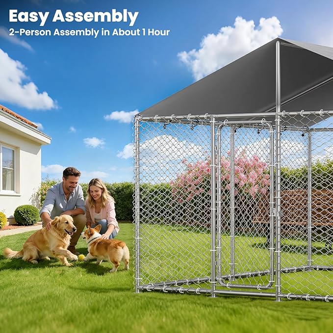 10x10 FT Outdoor Dog Kennel with Waterproof Roof - Heavy Duty Metal Exercise Pen, Weatherproof UV-Resistant Cover & Secure Locking for Large Dogs（124 x 124 x 87IN）
