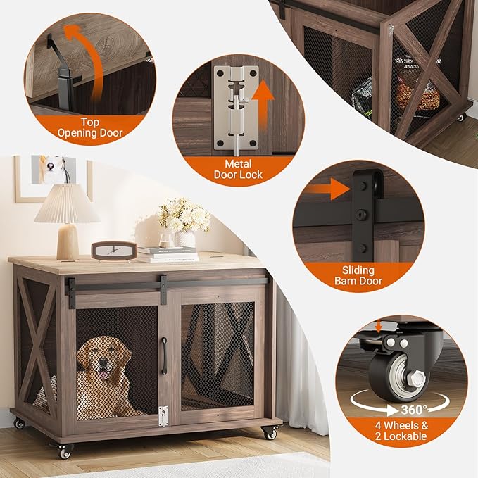 GarveeLife 37" Dog Crate Furniture, Side End Table, Farmhouse Dog Crate with Sliding Barn Door, Flip Top Wooden Dog Kennel with Wheels and Movable Divider, Indoor Dog Cage House for Medium Dogs