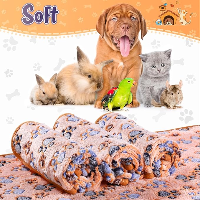 Tatuo 4 Pcs Dog Blanket for Pet Cat Blankets Indoor Puppy Teething Stuff Toys Paw Print Fleece Blanket Warm Sleep Mat for Guinea Pig Cage(Coffee,Medium(30 x 20.5 Inch),Square)