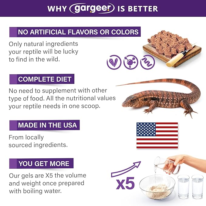 Gargeer 3oz Tegu Lizard Food. Complete Gel Diet for Both Juveniles and Adults. Proudly Made in The USA, Using Premium Ingredients, Fortified Gourmet Formula. Enjoy!