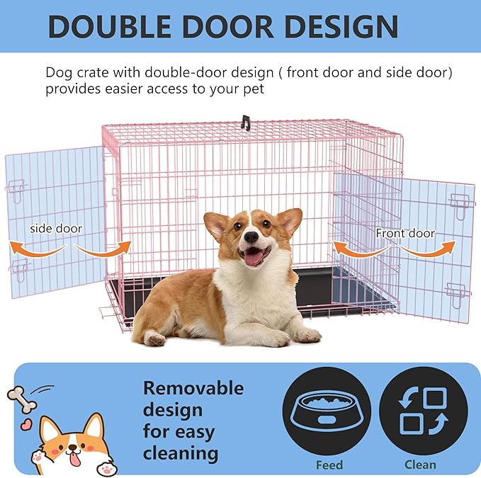 FDW 30 inch Dog Crate Dog Kennel Cage with Double Door Folding Metal Wire Dog Cage with Removable Tray&Divider Panel,Pet Crate for Medium Dogs,Pink