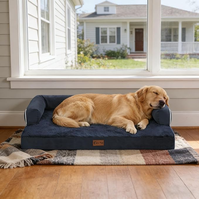 Orthopedic Dog Beds for Large Sized Dogs, Waterproof Egg Crate Foam Large Dog Couch Beds with Comfy Bolster 36x27Inch, Washable Pet Beds with Removable Cover and Nonskid Bottom, Navy Blue