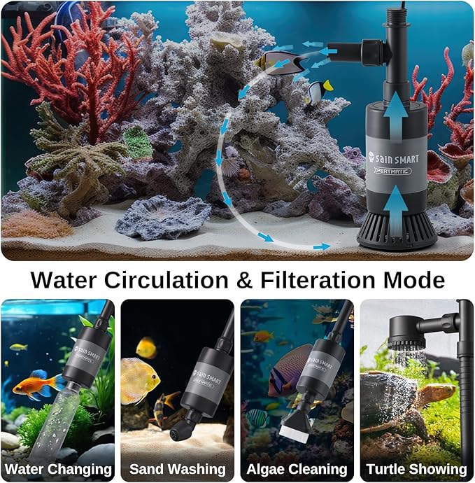 SainSmart XpertMatic Aquarium Gravel Cleaner, 528GPH/28W Powerful Fish Tank Cleaner, Adjustable Water Flow Aquarium Cleaner Kit, Electric Gravel Vacuum for Sand Washing and Water Changing