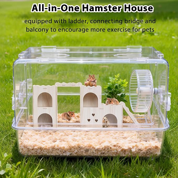 Large Hamster Hideout, Wooden Hamster Houses and Hideouts, Double-Decker Hamster Hut Castle, Dwarf Gerbils Habitat House with Climbing Ladder, Multi Chamber Syrian Hamsters Hides