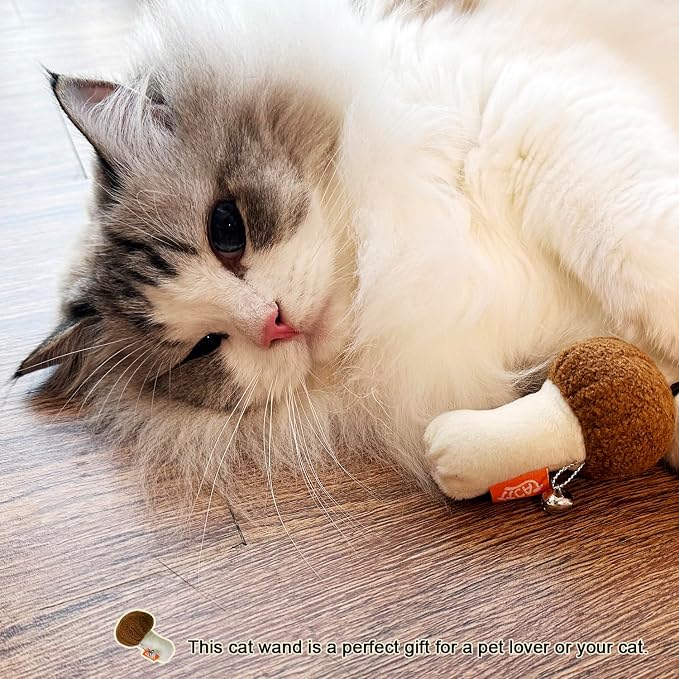 TTcat Natural Wooden Cat Wand Toy with Catnip Plush Mushroom, Thick Unbreakable Rope Interactive Cat Teaser Stick with Bell, Indoor Kitten Boredom Relief Hunting Play Toy for Cats. - Image 6