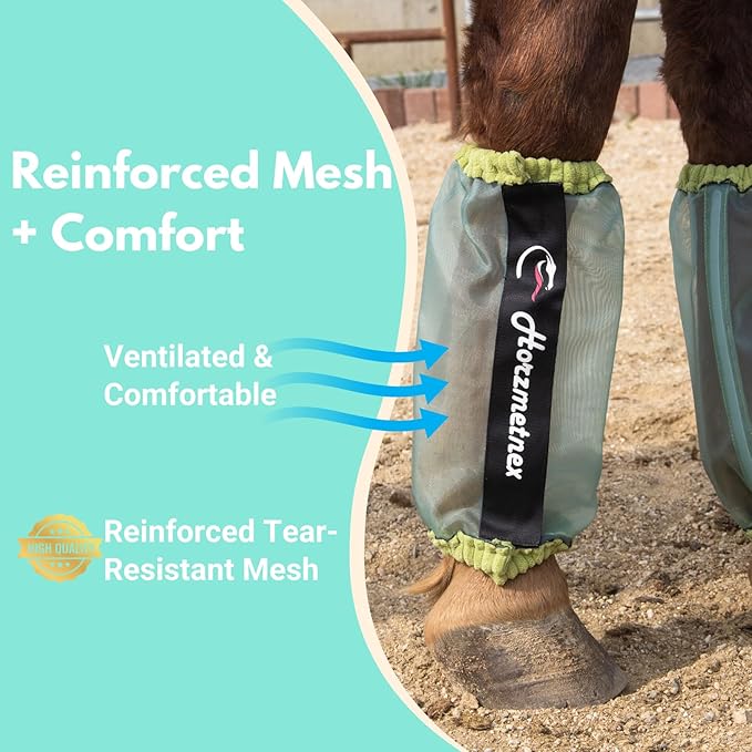 Tear-Resistant Fine Mesh Horse Fly Boots – Breathable Fly Boots with Thickened Webbing Hook and Loop – Lightweight Summer Leg Protection to Prevent Mosquito & Fly Bites – Set of 4 (Lime)