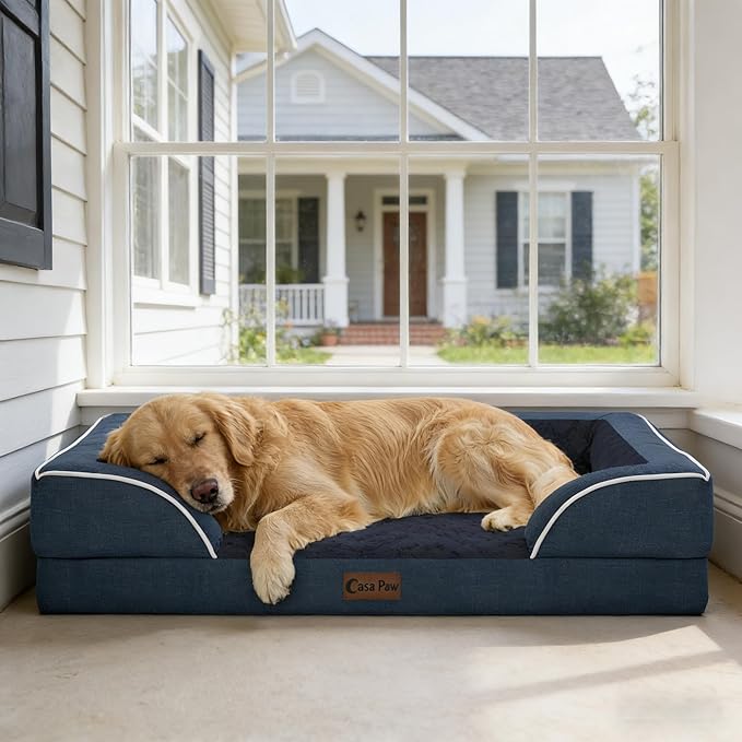 Orthopedic Dog Beds for Large Sized Dogs, Waterproof Memory Foam Large Pet Bed with Sides 36x27Inch, Non-Slip and Egg-Crate Foam Big Dog Couch Bed with Removable Washable Cover, Navy Blue