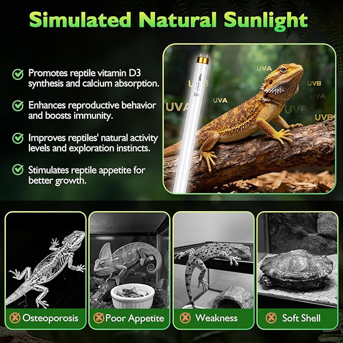 UVB Light for Reptiles Bearded Dragon, 2 Pack T8 UVB Reptile Light UVB Bulb 10.0 17W UVA UVB Reptile Light Bulb Terrarium Light Lamp Tube for Turtle Chameleon Leopard Gecko Snake Tank, 24 Inch