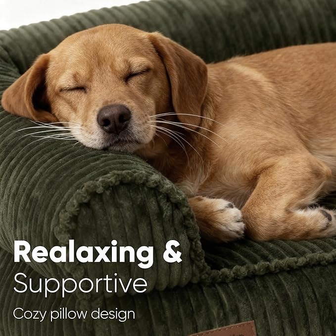 FUKUMARU Cute Dog Bed, Thickened Orthopedic Dogs Couch, 36in Egg Crate Foam Pet Sofa for Medium to Large Dogs, Waterproof Warm Corduroy Pet Bed with Washable Cover, Green