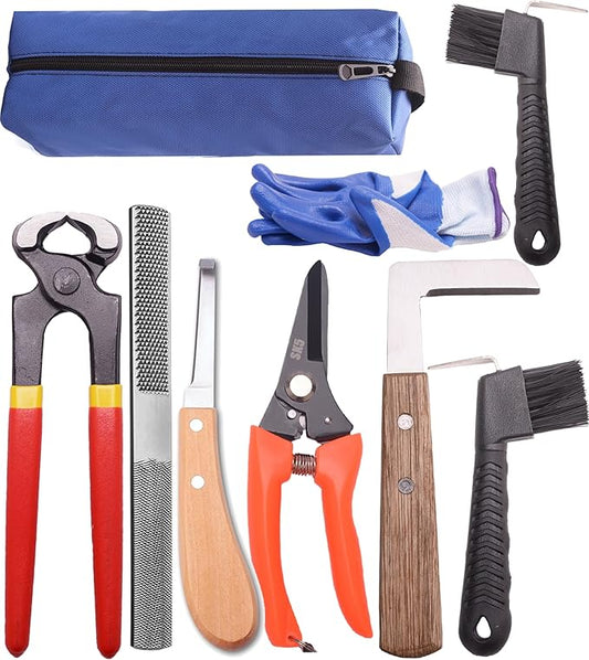 8 inch Farrier Tool Kits （9 Pcs） Mini Rasp Hoof File Goat Pig Equine Metal Shears Professional Farriers Hoof Nipper Cutter Handle Knife