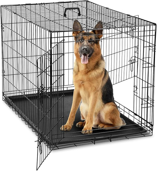 DUMOS Dog Crate, 42 Inch Large Double Door Dog Cage with Plastic Leak-Proof Pan Tray, Folding Metal Wire Pet Kennel for Indoor, Outdoor, Travel