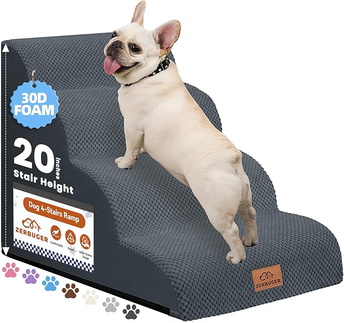 Zerbuger Dog Ramp and Stair for Bed 16" H-20 H,3-Step Cat Stair for Sofa and Chair,4-Step Dog Ramp for High Bed and Window,Durable Nonslip Fabric Cover for Indoor (Dark Grey-20 H, Pet Friendly, 4)