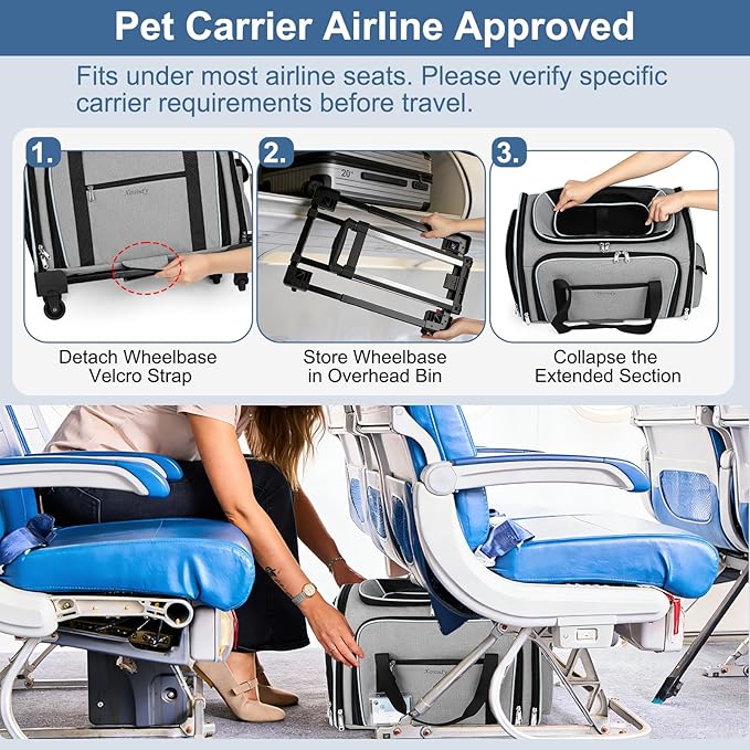 Airline Approved Pet Carrier with Wheels, Top & Side Expandable Soft-Sided Bag, 18x11x11 inches Fits Under Seat for Small Dogs Cats, Double-Sided Mat & ID Card for Travel Vet Visits Camping