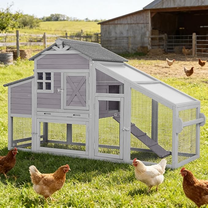 Mobile Chicken Coop with Wheels, Wooden Chicken House with Run, Large Hen Cage with UV Proof Roof and Leak-Proof Tray, Outdoor Chicken Coops with Nesting Box for 2-4 Chickens (Grey)