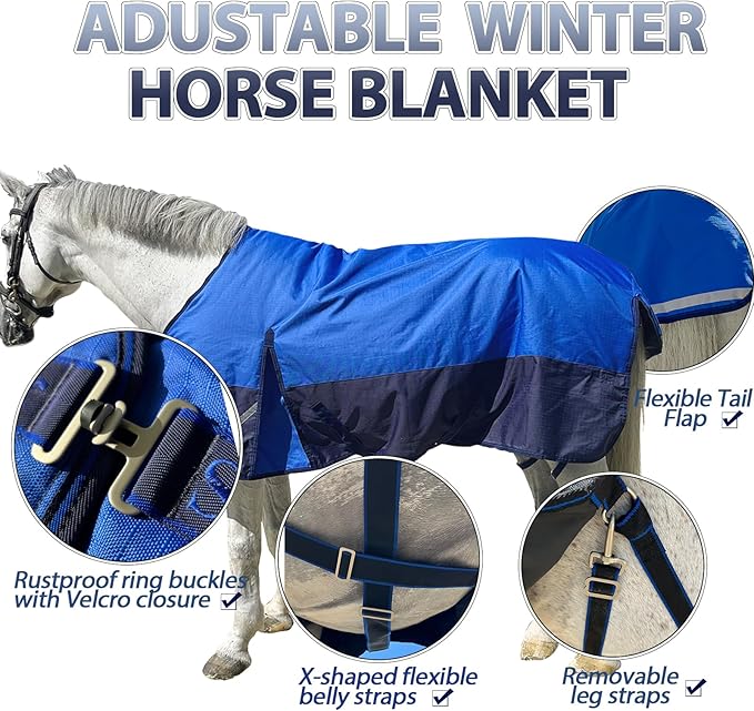 300g Fill 1200D Mid-Heavy Weight Winter Waterproof and Breathable Horse Blanket Belly Straps| Turnout Blankets with Reflective Strips (Dark Blue, 66'')