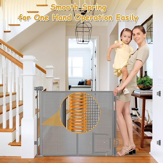 Reinforced 60” Wide Retractable Dog Gate with Cat Door Gates for Pets with Reinforced Strips 33” Tall Mesh Baby Gate Retractable Pet Gates for Dogs Indoor with Door Cats Can in and Out Freely, Gray