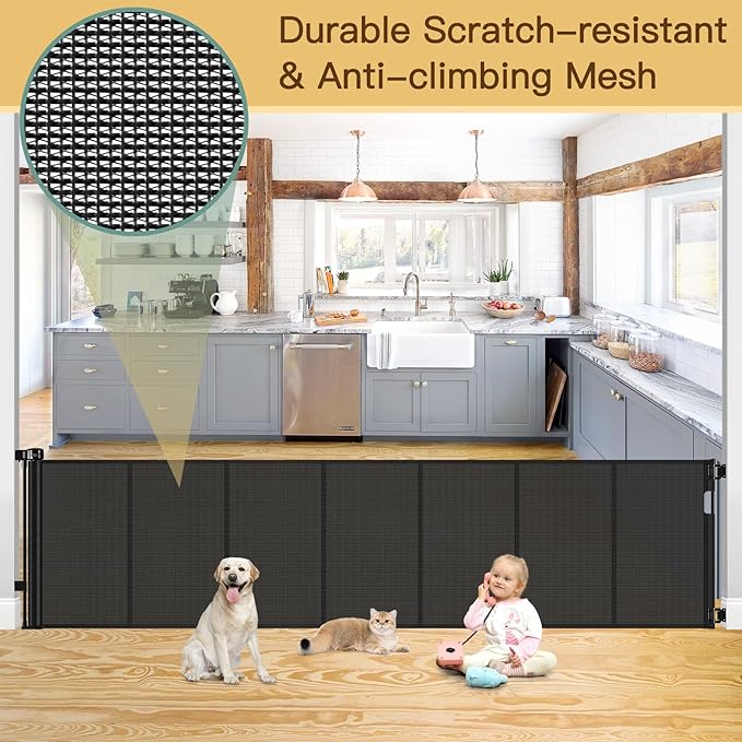 Reinforced 159 Inch Extra Wide Baby Gate for Large Opening with Support Rod, Indoor/Outdoor Retractable Baby Gates Extra Wide, Prevent Babies and Dogs from Crawling Through Retractable Dog Gate, Black
