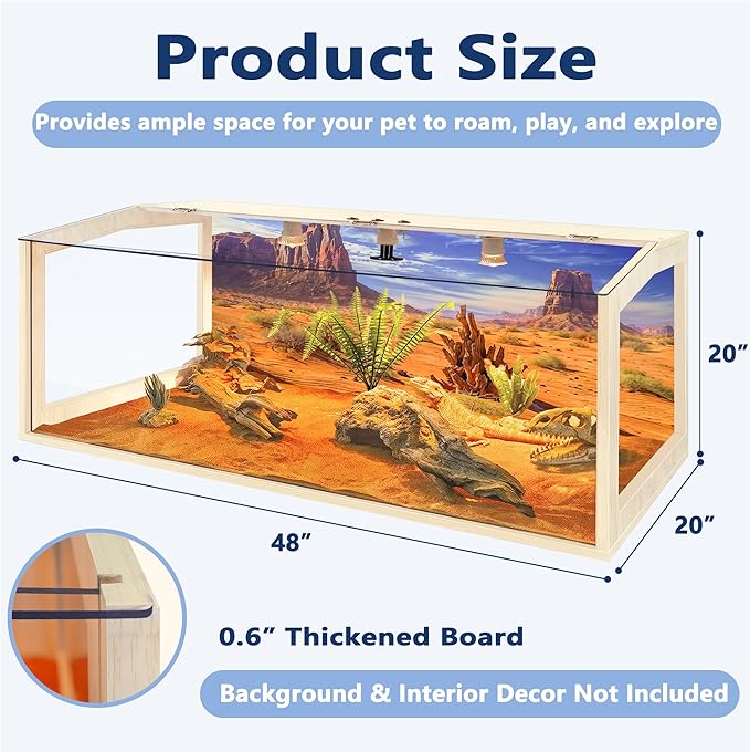 PROLEE Bearded Dragon Tank, Lizard Tank with Clear Tempered Glass Roof, Anti-Scratch Reptile Enclosure, Reptile Tank Built-in Light Fixtures with Switch (48X20X20inch,80 Gallons)