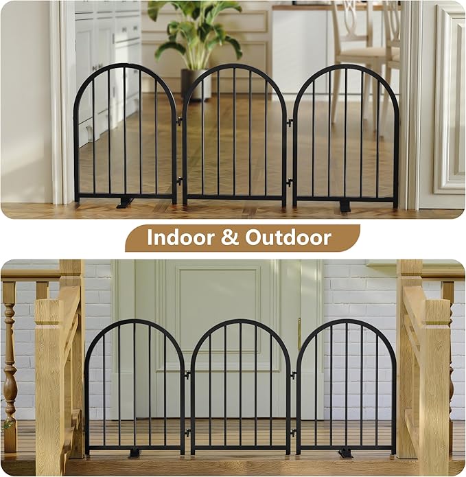 PUPETPO Full Metal Dog Gate for Indoor Outdoor, 24" Tall Free Standing Pet Dog Fence, 54" Wide Arched Pet Gates for Stairs, Hallways, Doorways, Kitchen, Decks, Yards (Black, 3 Panels)