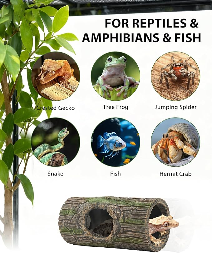 Magnetic Crested Gecko Hide - Resin Hollow Log Cave, Reptile Hide Cave, Reptile & Amphibian Habitat Hideouts, Aquariums & Terrariums Decor