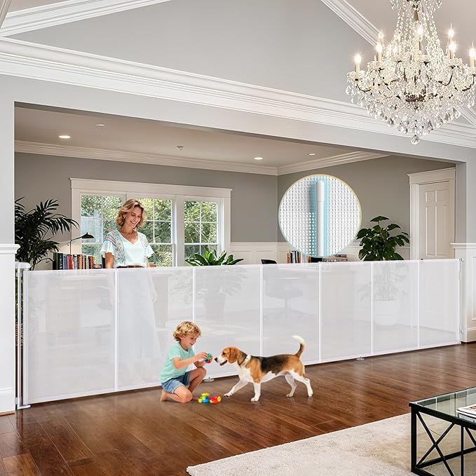 200'' Retractable Baby Gates Extra Wide, 42'' Extra Tall Retractable Dog Gate, 16 FT White Indoor/Outdoor Retractable Gate with Reinforcement Rods for Garage, Doorways, Stairs, Decks, Driveway, Patio