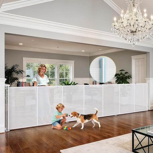 200'' Retractable Baby Gates Extra Wide, 42'' Extra Tall Retractable Dog Gate, 16 FT White Indoor/Outdoor Retractable Gate with Reinforcement Rods for Garage, Doorways, Stairs, Decks, Driveway, Patio