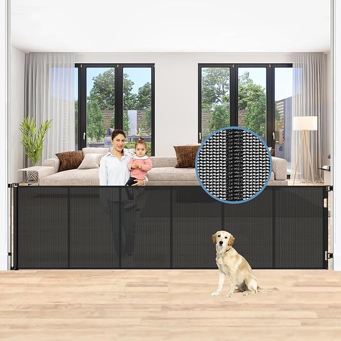 Reinforced 150 Inch Retractable Baby Gates Extra Wide Dog Gate with Support Rods, Upgrade Extra Long Baby Gate for Doorways 12 Ft Extra Large Pet Gate Indoor Outdoor Mesh Dog Gate for The House, Black