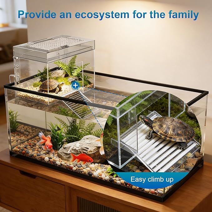 Adjustable Turtle Basking Platform, 7.8 x 5.5 x 5.5 Inch Above Tank Topper with Ramp for Small and Medium Aquatic Turtles, Transparent Acrylic Turtle Aquarium Dock Accessories