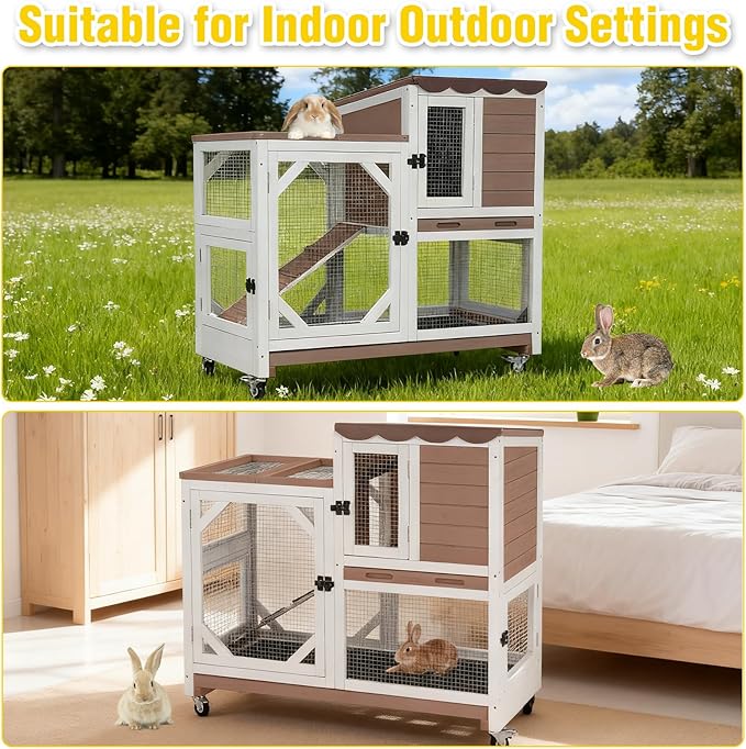 Aivituvin 39.3" Large 2-Story Rabbit Hutch, Indoor Outdoor Bunny Cage with Chew-Proof Ramp, Leak-Proof & Easy-to-Clean Tray, Lockable Wheels, for Rabbits & Guinea Pigs
