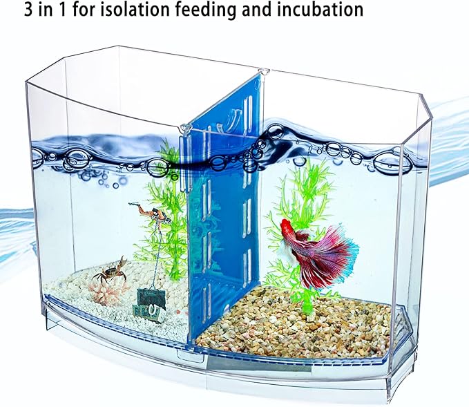 Mini Fish Tank with Divider, Small Beta Fish Tank Shrimp Tank Small Aquarium, 2/5 Gallon Double-Compartment Temporary Tank - Acrylic Aquarium Habitat for Crab Moss Seaweed Ball