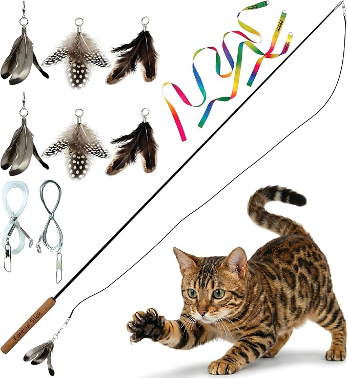 Forever Stick with Cat Toys and Strings Bundle - The Unbreakable Cat Wand Toy, Durable Cat Toy Wand, Extra Long Cat String Toy, Cat Fishing Pole Toy for Bored Indoor Adult Cats, Cat Stick Toy by Repounce