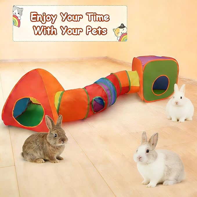 YUEPET Rabbit Tunnel and Cube Collapsible Tent Bunny Interactive Crinkle Tunnel Toys Small Animal Hideout with Play Ball for Dwarf Rabbit Bunny Guinea Pig (Rainbow)