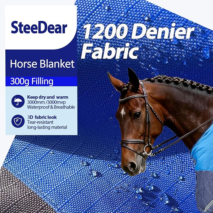 300g Fill 1200D Mid-Heavy Weight Winter Waterproof and Breathable Horse Blanket Belly Straps| Turnout Blankets with Reflective Strips (Dark Blue, 81'')