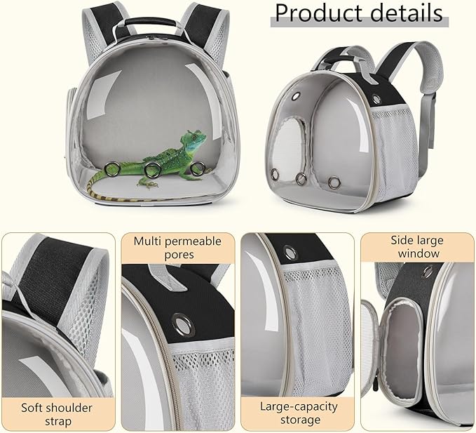 Bearded Dragon Carrier Backpack with Mommy Harness Set, Reptile Lizard Travel Carrier (Black, Mommy Harness)