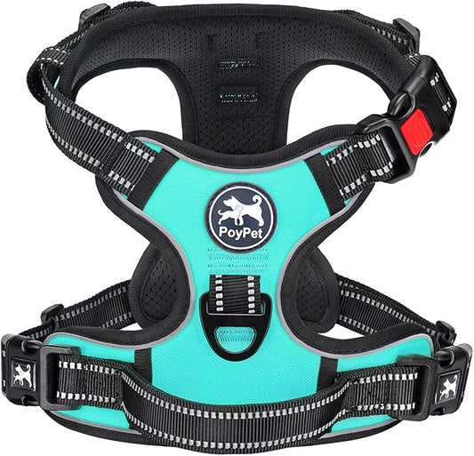 PoyPet Dog Harness No Pull, Reflective Adjustable No Choke Pet Vest with Front & Back Clips, Soft Padded and Control Training Handle for Large Dogs(Mint Blue,XL)