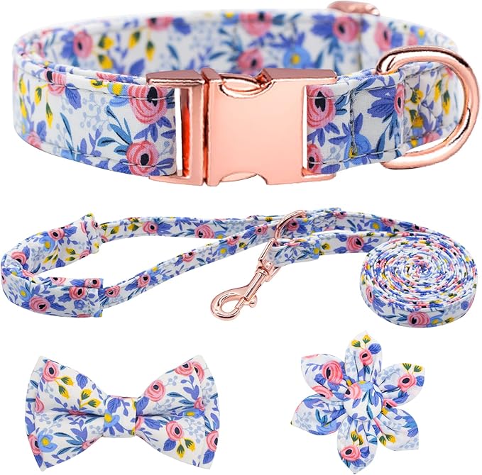 Dog Collar and Leash Set Girls Adjustable Puppy Collars with Floral Bow Tie for Small Medium Large Female Dogs, Blue Flower, L