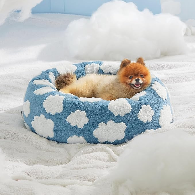 LE SURE Shown on TV Donut Dog Beds for Small Dogs - Calming Cat Sofa as Bed Gift for Indoor Cats with Washable Cover, Round Home Decor Cute Pet Beds with Jacquard Shaggy Plush, 23 Inch, Blue