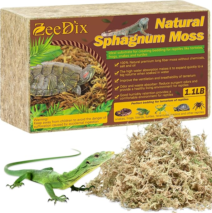 ZeeDix 1.1 lb Premium Sphagnum Moss for Reptiles, 25 qt Dried Long Fibered Leopard Gecko Moss for Terrarium, Natural Sphagnum Peat Moss Bedding for Frogs Anoles Snake Ball Python Turtle