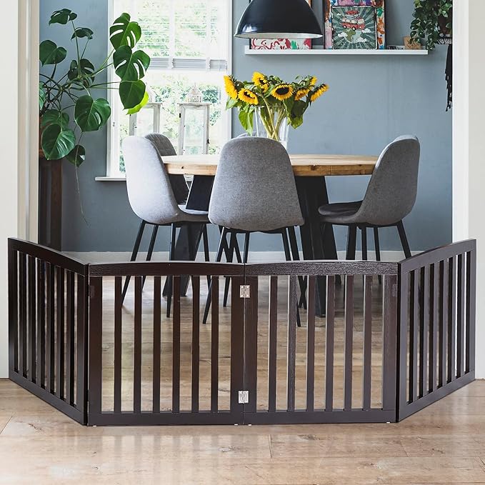 Dog Gate Pet Gate Indoor for Stairs Doorways 82x24 Inch 4 Panels Dog Fence Extra Wide Wooden Black