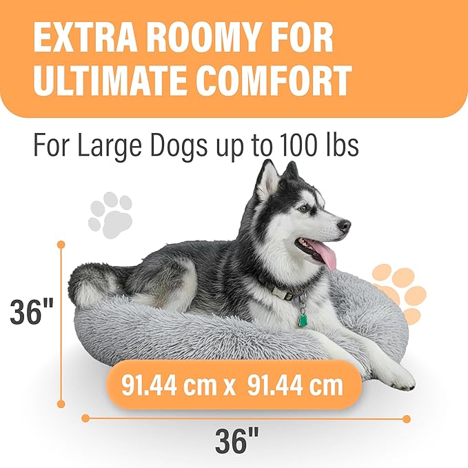 Active Pets Premium Large Donut Dog Bed, Fits Up to 100 lbs, Removable Cover & Washable Cushion, Plush Long Pile Faux Fur Fabric, Portable Dark Grey Pet Bed Furniture for Big Adult Canines & Cats
